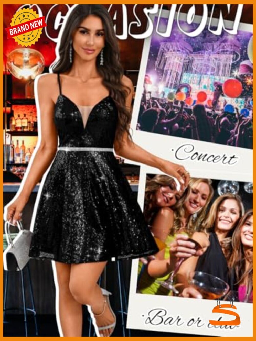 Sequin Mini Dress, Deep V Backless Cocktail Party Dress - Picture 6 of 7